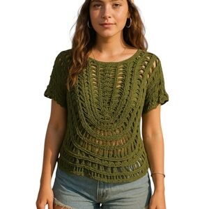 Indigo Thread Co. L/XL Green Open Weave Crochet Shirt Boho